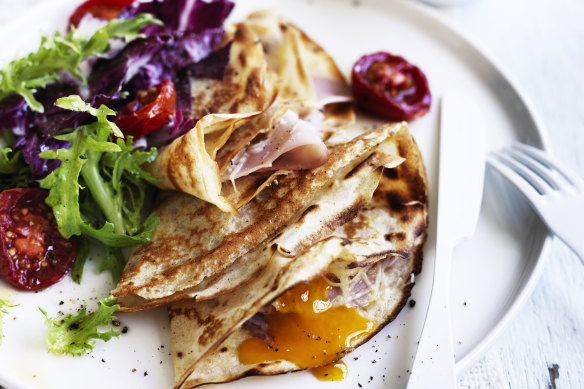 Neil Perry’s egg, ham and gruyere crepes.
