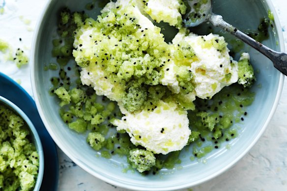 Creamy yoghurt mousse with kiwifruit granita.