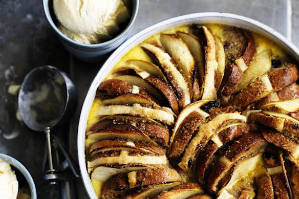 Neil Perry's hot cross bun and butter pudding with apple and spice.