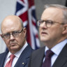 Kim Williams and Prime Minister Anthony Albanese during a press conference at Parliament House in Canberra.