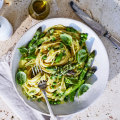 Adam Liaw’s spaghetti with spring vegetables and mascarpone.
