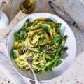 Adam Liaw’s spaghetti with spring vegetables and mascarpone.