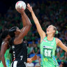 PERTH, AUSTRALIA - APRIL 02: Shimona Nelson of the Magpies shoots as Courtney Bruce of the fever attempts to block the shot during the round three Super Netball match between West Coast Fever and Collingwood Magpies at RAC Arena, on April 02, 2023, in Perth, Australia. (Photo by James Worsfold/Getty Images)