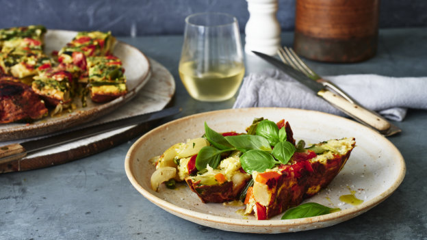 Adam Liaw’s frittata is packed full of roasted vegetables.