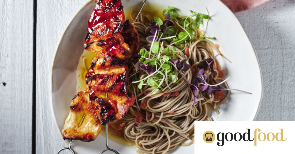 Chicken teriyaki skewers with soba noodles and ginger-citrus dressing