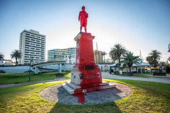 The Captain James Cook statue in St Kilda was covered in red paint before the sun rose on Wednesday.