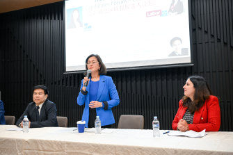 Chisholm candidates Wayne Tseng, Gladys Liu (centre) and Carina Garland.