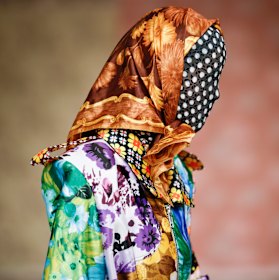 A model wears Richard Quinn during London Fashion Week February 2018.