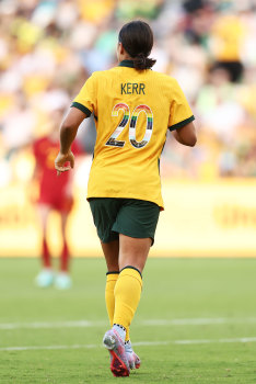 Sam Kerr wears the Matildas’ Pride jersey during February’s win over Spain in Sydney.