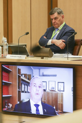 Secretary of the Department of Health Professor Brendan Murphy and Minister Colbeck appearing via video-conference, during a Senate select committee hearing on COVID-19, at Parliament House on August  21.