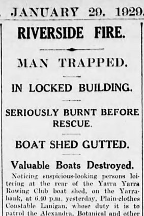 A report in The Age of the 1929 fire in which a Yarra Yarra Rowing Club member died.