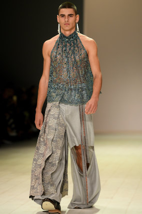 A model wearing creations by Gina Snodgrass in the Next Gen show at Mercedes Benz Fashion Week Australia.