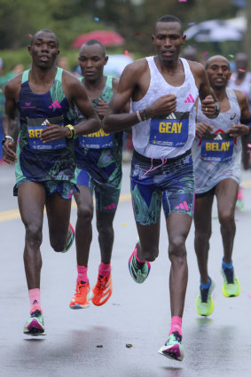 Gabriel Geay lifts the pace in the Boston marathon.