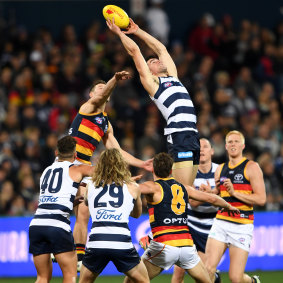 Above the pack: Mark O'Connor marks for the Cats.