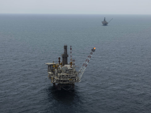 Drilling platforms in the Caspian Sea off Baku, the capital of Azerbaijan.