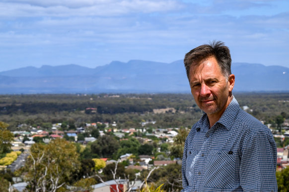 Marc Sleeman, a resident of Pomonal, looking at his town from Stawell as he and his family have been evacuated.