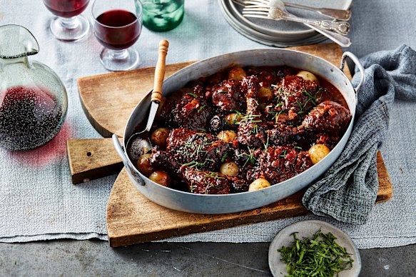 Coq au vin has a rich, glossy wine-based sauce.