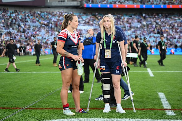 Isabelle Kelly and Tarryn Aiken after the 2025 NRLW grand final.