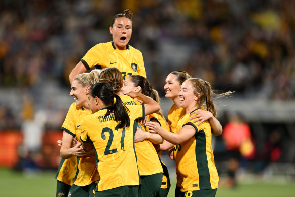 The Matildas celebrate Natasha Prior’s goal against Chinese Taipei in Geelong on Saturday night.