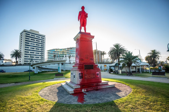 The Captain James Cook statue in St Kilda was covered in red paint on  Australia Day.