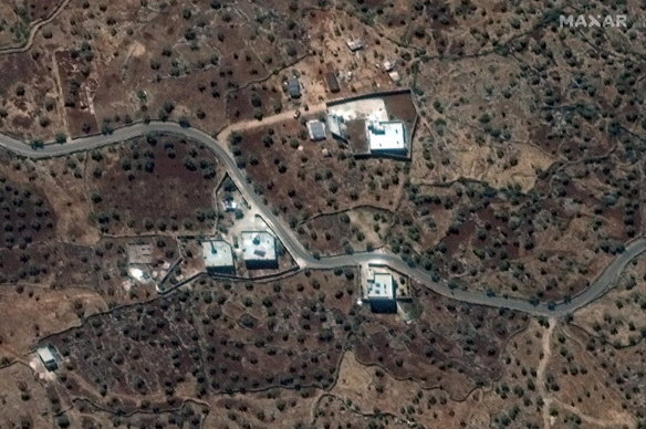 The reported residence of the late IS leader, Abu Bakr al-Baghdadi, in north-western Syria near the village of Barisha, top right.