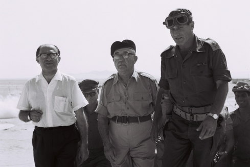 Israeli government minister Menachem Begin, Israeli Prime Minister Levi Eshkol and General Yeshayahu Gavish, during the Six Day War, 1967.