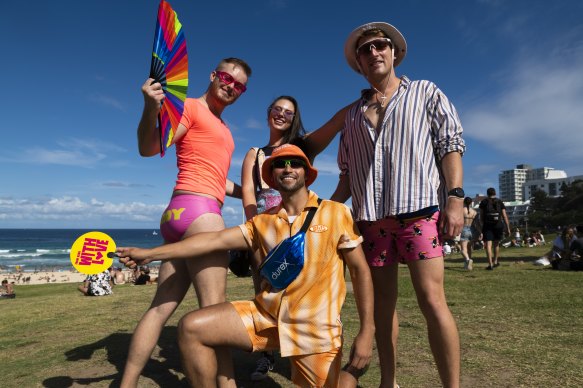 Cameron Havasi, Samantha Roberts, Joel Thrum and Richard Birnie see out their Saturday at the Bondi Beach Party. 