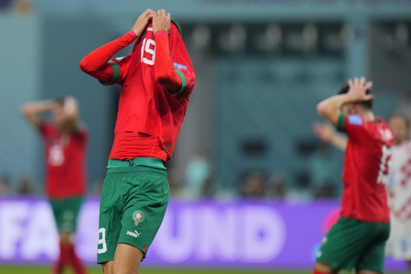 Morocco’s Youssef En-Nesyri reacts after missing a chance to score.