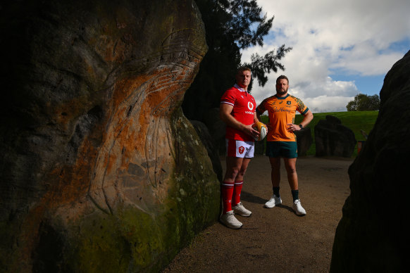 Rival captains Dewi Lake and James Slipper at Birrarung Marr in Melbourne.