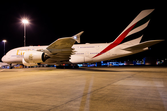 An Emirates A380 back on Brisbane soil on Tuesday night.