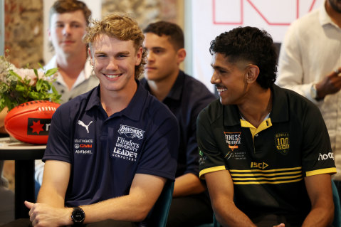 Port Adelaide’s Jason Horne-Francis (left) and rising Saint Nasiah Wanganeen-Milera, at the 2021 AFL draft.