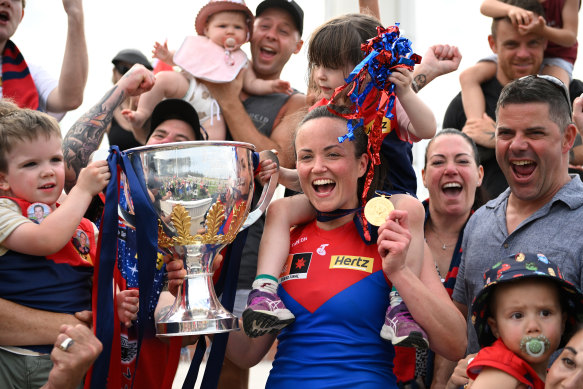 Daisy Pearce celebrates after Melbourne’s grand final triumph.