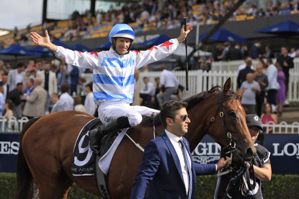 Hugh Bowman celebrates Forbidden Love’s George Ryder win last autumn.