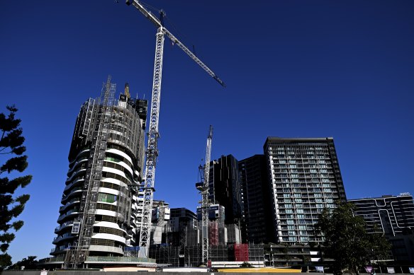 Units under construction in Brisbane. But buying off the plan could be risky.