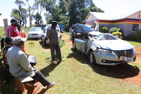 The wreckage of the vehicle in which world marathon record holder Kelvin Kiptum and his Rwandese coach Garvais Hakizimana died when they crashed.