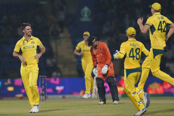 Mitchell Marsh celebrates the wicket of Netherlands Sybrand Engelbrecht.