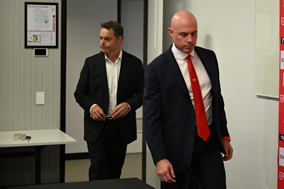 Dragons chairman Andrew Lancaster (left) and Dragons CEO Tim Watsford announce Flanagan’s departure on Monday.