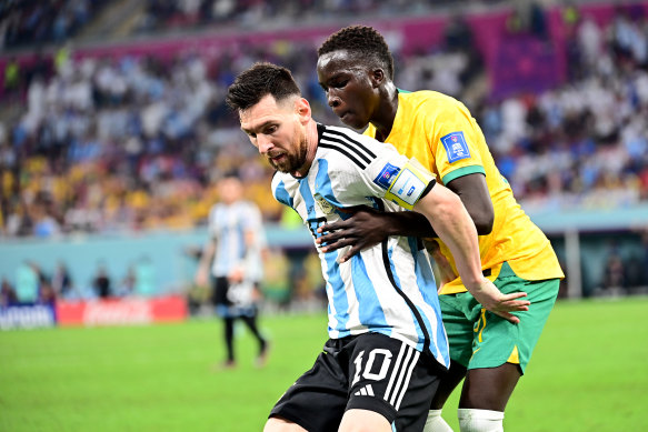 Garang Kuol did well to get a hand on Lionel Messi’s shirt during Australia’s World Cup round-of-16 loss to Argentina in Qatar.