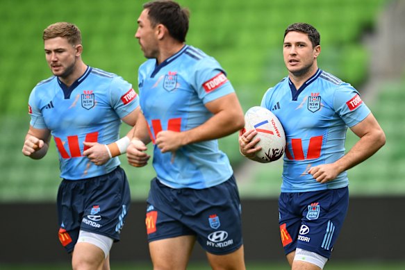 Mitchell Moses trains with the NSW side  at AAMI Park in Melbourne on Monday.