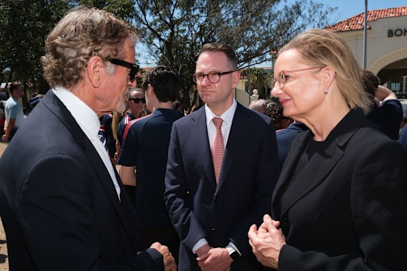 Businessman Mark Bouris with Liberal MP Andrew Bragg and Opposition Leader Sussan Ley on the Bondi memorial this week.