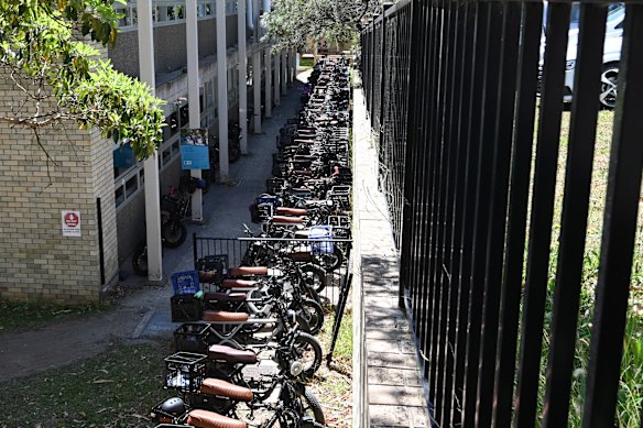 E-bikes parked at Mackellar Girls High School in Manly Vale. 