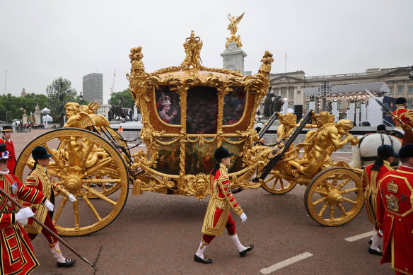 The Gold State Coach – complete with a hologram of the Queen – during Sunday’s Jubilee Pageant.