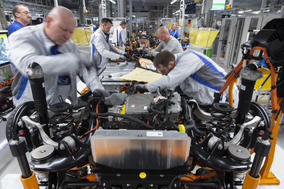 An electric car body is assembled at a Volkswagen plant in Zwickau, Germany.