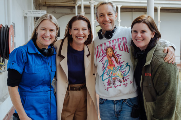 Behind the scenes on The Newsreader: (from left) producer Joanna Werner, star Anna Torv, creator Michael Lucas and director Emma Freeman.