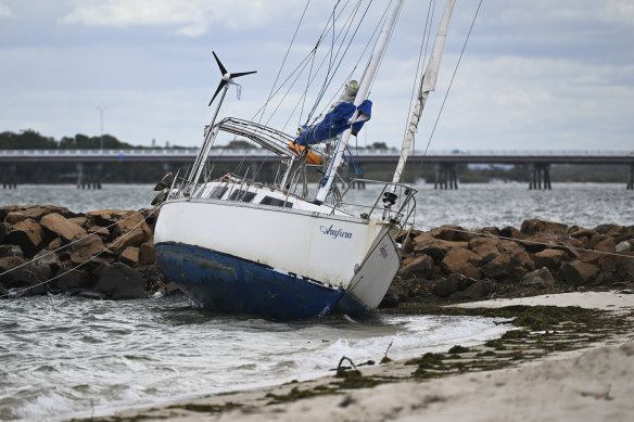 A sailboat that lost its mooring at Bribie Island, north of Brisbane.