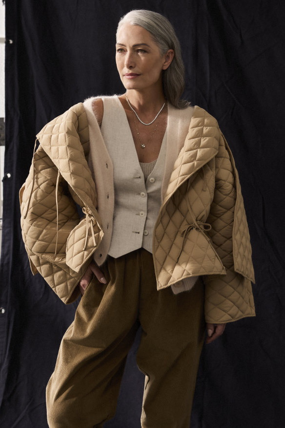 A.W.A.K.E. MODE jacket, $1505, from Net-a-Porter. POL “Genus” cardigan, $265. Iris & Ink “Thelma” waistcoat, $297, and
tank, $224, from The Outnet. Bassike trousers, $395. Alinka “Riviera” necklace, $34,500. Sarah & Sebastian “Coralline Reef ” necklace, $2800.