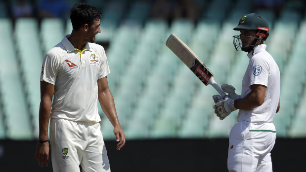 Australia's Mitchell Starc and South Africa's Theunis de Bruyn exchange a few words in the first Test.