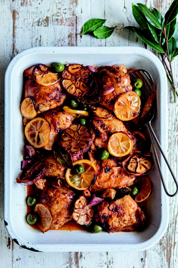 Roasted chicken thighs with lemon, smoked paprika and green olives.