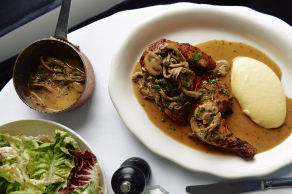 Rotisserie chicken with potato puree and mushroom sauce, a seasonal special at the Builders Arms.
