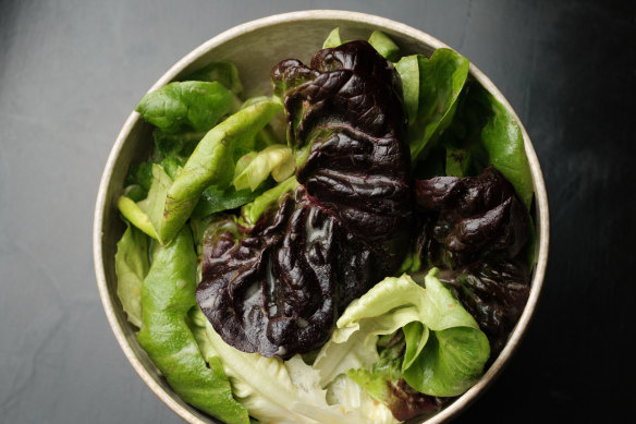 The organic salad greens, from Stix Farm, are dressed with a gutsy mustard vinaigrette.